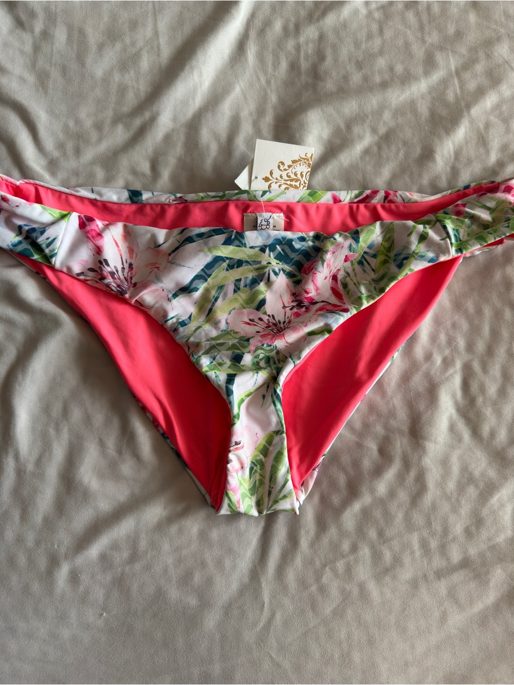 BECCA Pink Coral  Bikini Bottom with Tropical Floral Edge